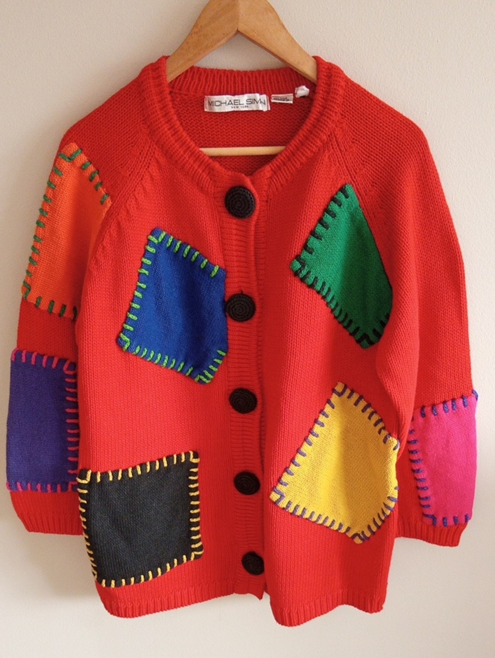 Michael Simon Red Patchwork Button Front Cardigan